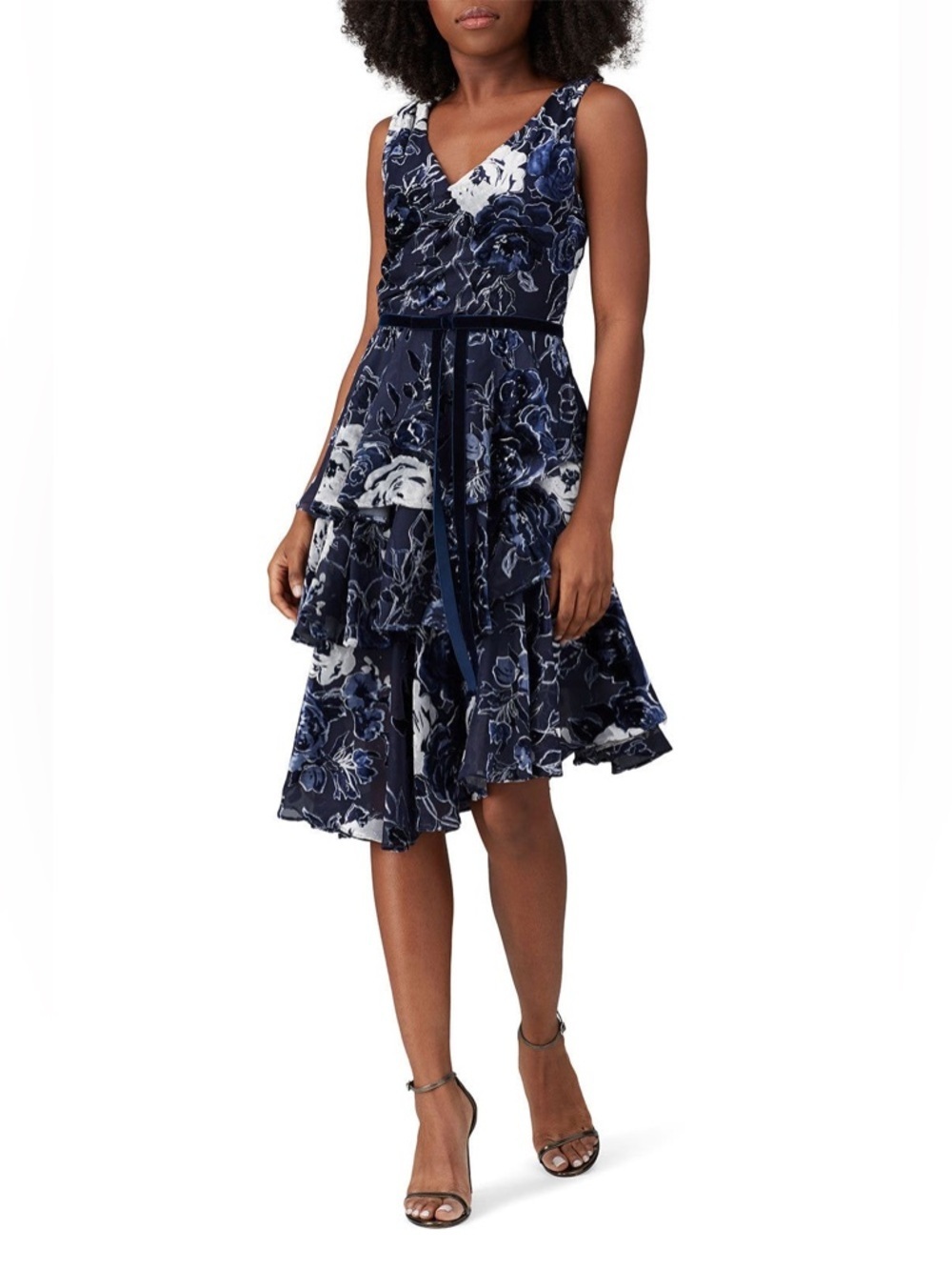 Marchesa Velvet Tiered Cocktail Asymmetrical Floral Tiered Midi Dress